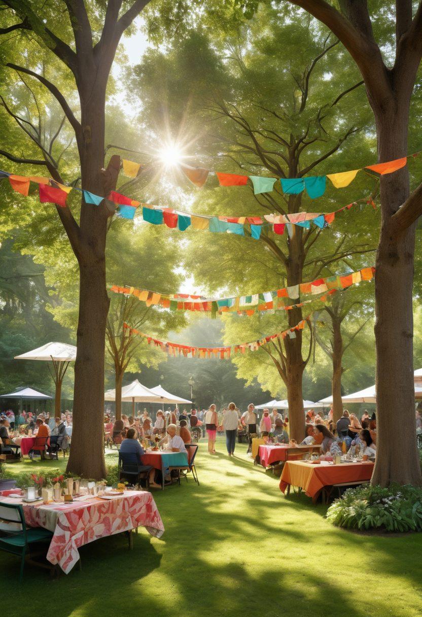 A warm, inviting community gathering scene, showcasing a diverse group of people sharing smiles and ideas, surrounded by nature and colorful decorations. Include elements like handmade banners, food tables, and cozy seating areas to emphasize fellowship. Sunlight filtering through trees adds a serene ambiance. vibrant colors. 3D.