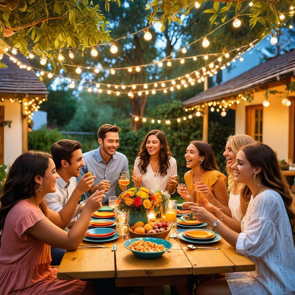 A lively gathering scene with diverse friends sharing smiles, laughter, and delicious food around a beautifully decorated outdoor table. Surrounding them are colorful string lights, lush greenery, and warm sunset hues, capturing the joy of memorable experiences. Include elements like games and music instruments to emphasize fun and connection. super-realistic. vibrant colors. warm lighting.
