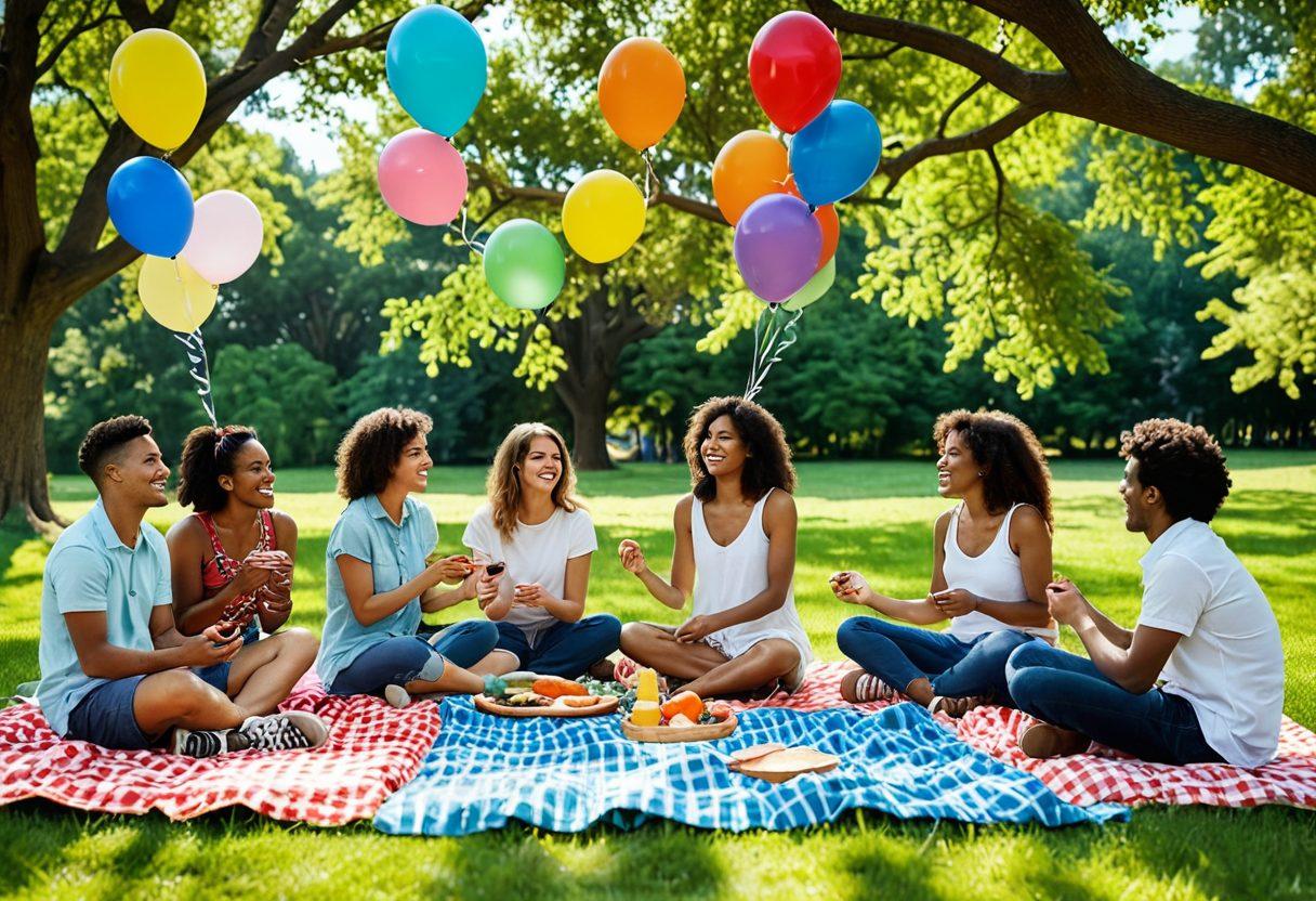 A lively gathering of diverse friends enjoying a picnic in a sunlit park, sharing food, laughter, and games, symbolizing connection and joy. Include vibrant balloons, cheerful decorations, and playful activities like frisbee or group dancing, creating a warm and inviting atmosphere. Bright blue sky and lush greenery enhance the festive vibe. super-realistic. vibrant colors. outdoor setting.